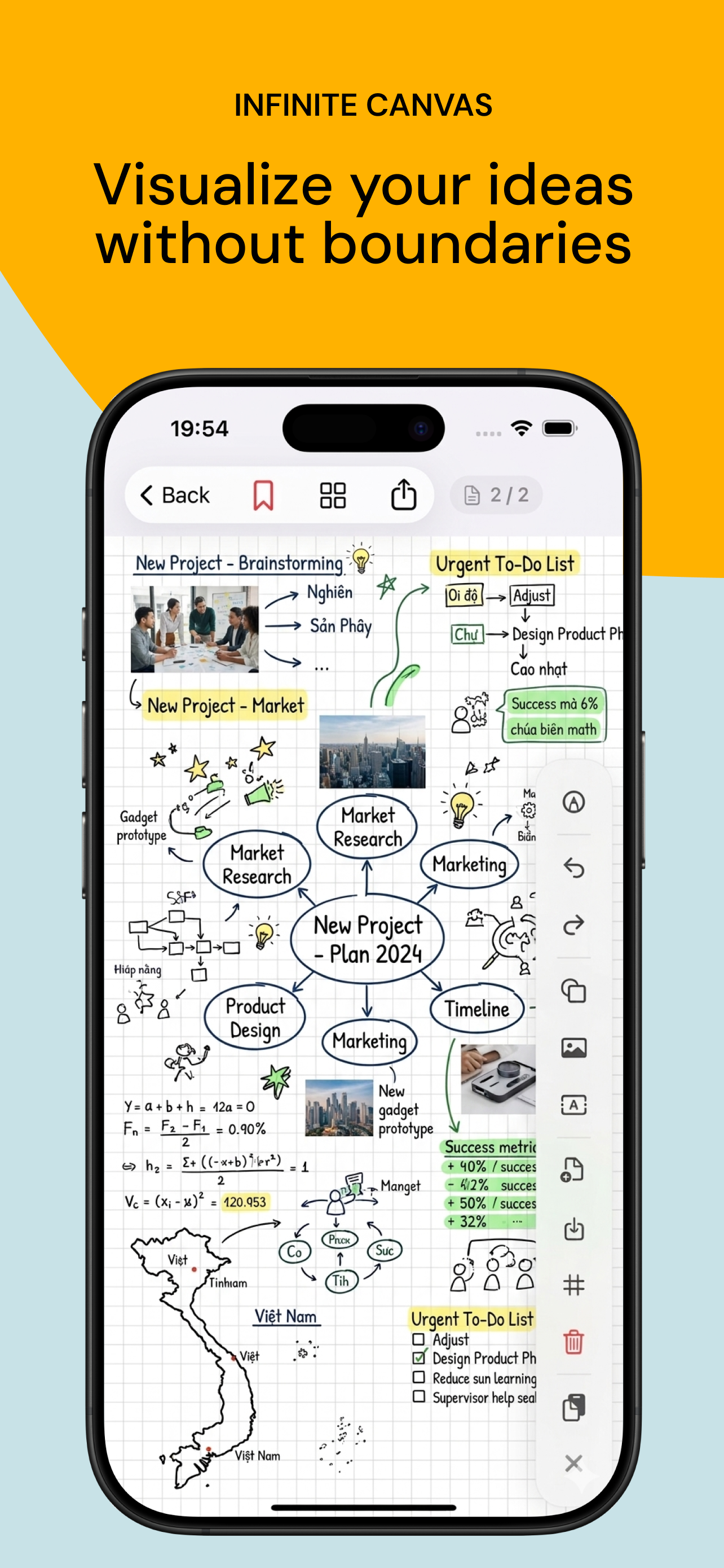 Ultra Note infinite canvas showing brain-storming and project planning